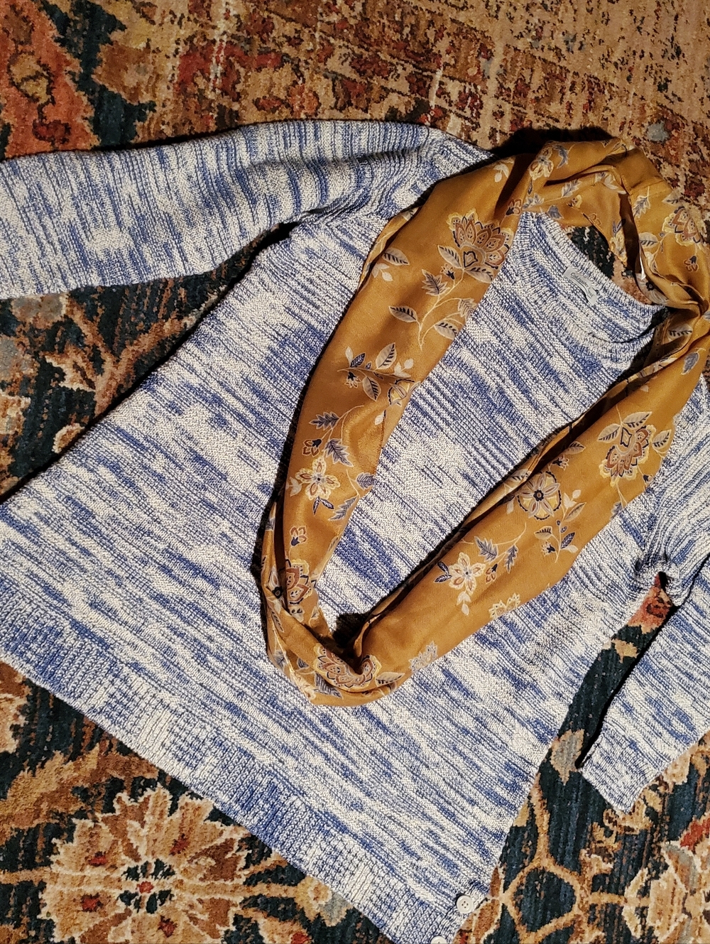 Coldwater Creek Marled Blue & Cream Knit Sweater & Scarf Bundle